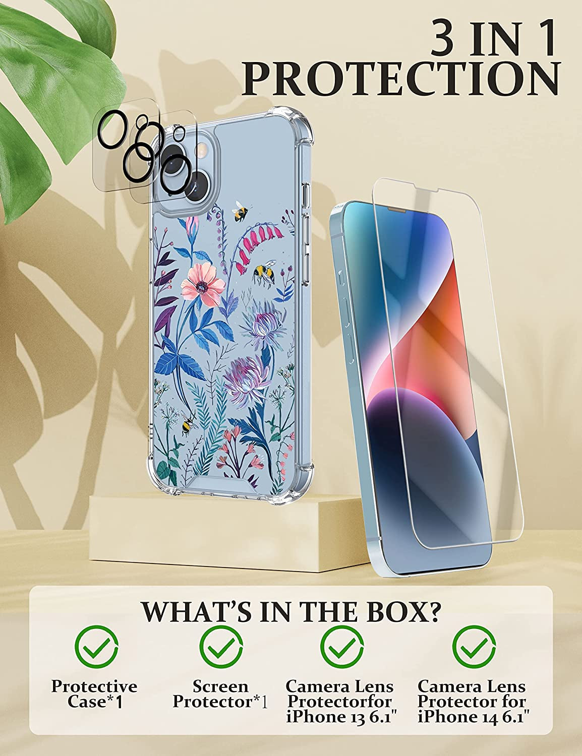 Cutebe [3 in 1 Crystal Phone Case for Iphone 13(2021)/Iphone 14(2022) 6.1", Cute Protective Cover with 9H Temper Glass Screen Protector + HD Temper Camera Lens Protector for Women, Girls  Cutebe   