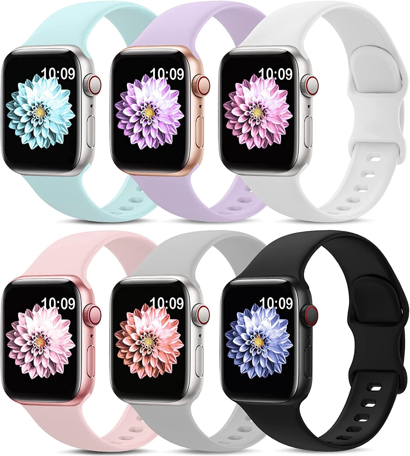 6 Pack Sport Bands Compatible with Apple Watch Band 38Mm 40Mm 41Mm 42Mm 44Mm 45Mm 49Mm,Soft Silicone Waterproof Strap Compatible with Iwatch Apple Watch Series Ultra 8 7 6 5 4 3 2 1 SE Women Men  AMSKY Light Green/Pink Sand/White/Lavender/Black/Grey 38/40/41 mm 