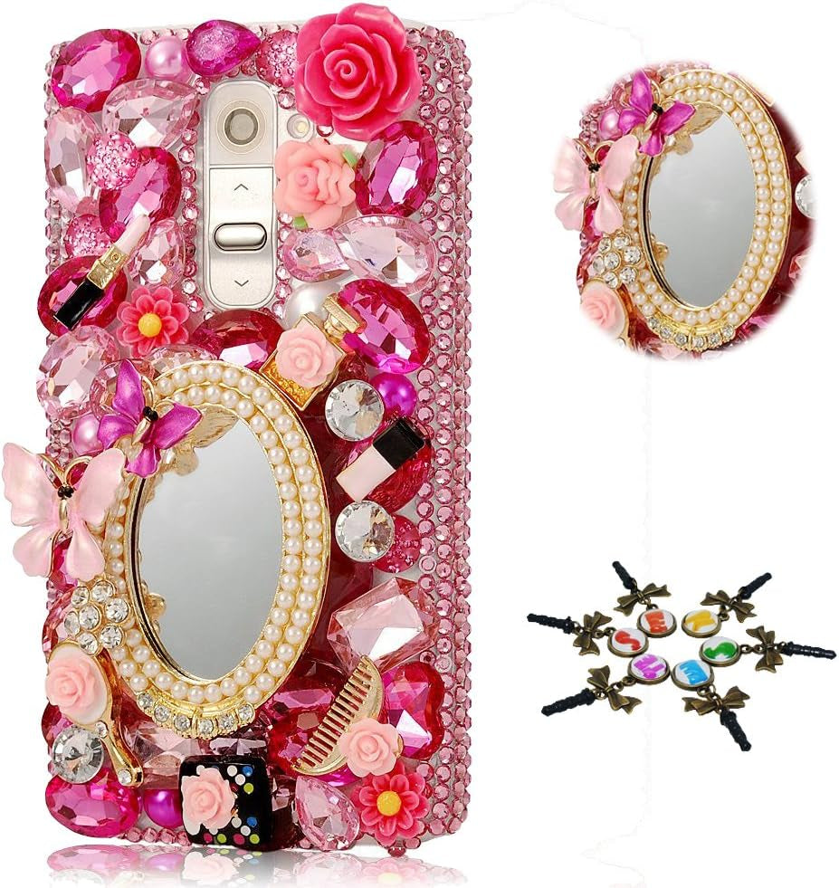 STENES LG G7 Thinq Case - STYLISH - 100+ Bling - 3D Handmade Skull Heart Rhinestone Design Protective Case for LG G7/LG G7 Thinq - Colorful  STENES Girls Cosmetic Mirror Flowers / Red  