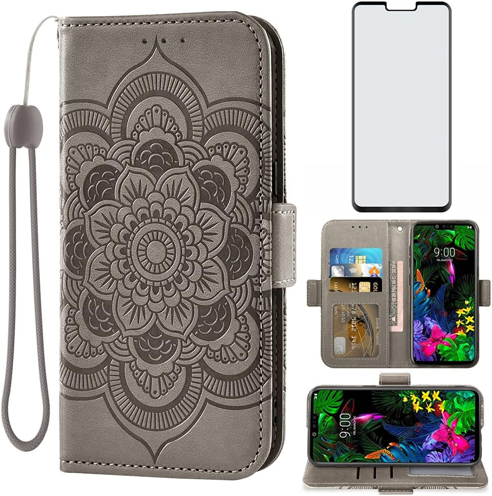 Asuwish Compatible with LG G8 Thinq Wallet Case and Tempered Glass Screen Protector Leather Flip Cover Card Holder Stand Cell Phone Cases for LGG8 Thin Q G 8 LG8 G8Thinq Lgg8Thinq 8G Women Men Blue  Asuwish Gray  