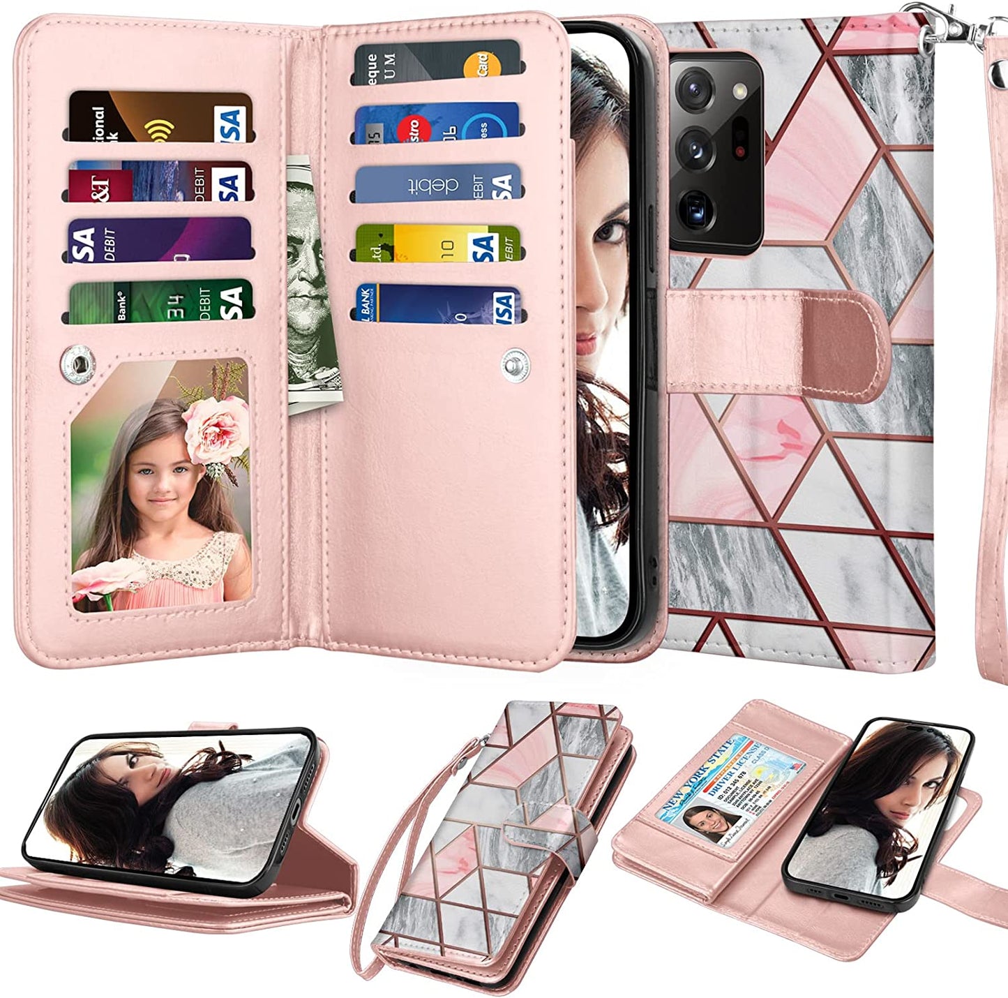 Njjex Galaxy Note 20 5G Wallet Case - Wine Red, 9 Card Slots, PU Leather, Detachable Kickstand, Magnetic Cover & Lanyard  NJJEX Marble Pink  