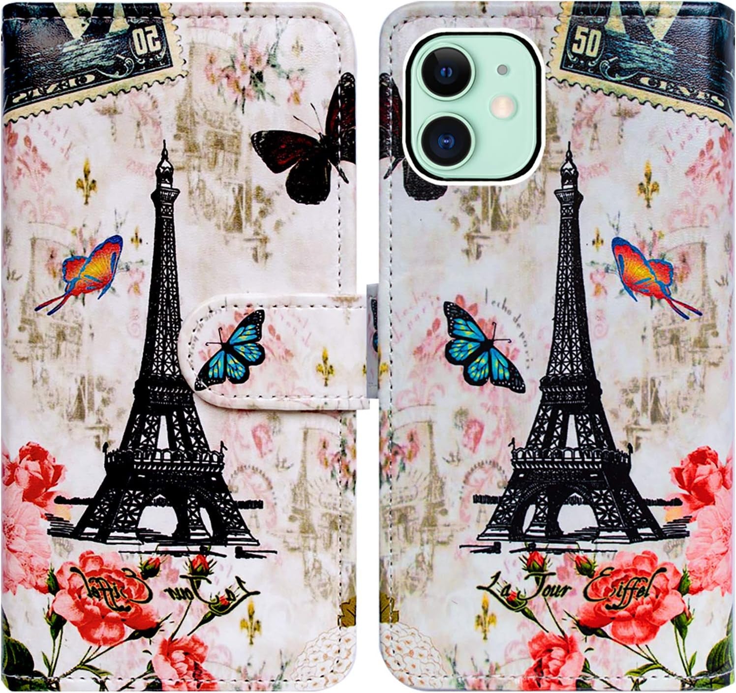 Bcov Iphone 13 Case,Blue Butterfly Flowers Rose Leather Flip Phone Case Wallet Cover with Card Slot Holder Kickstand for Iphone 13  Bcov Paris Tower Butterfly  
