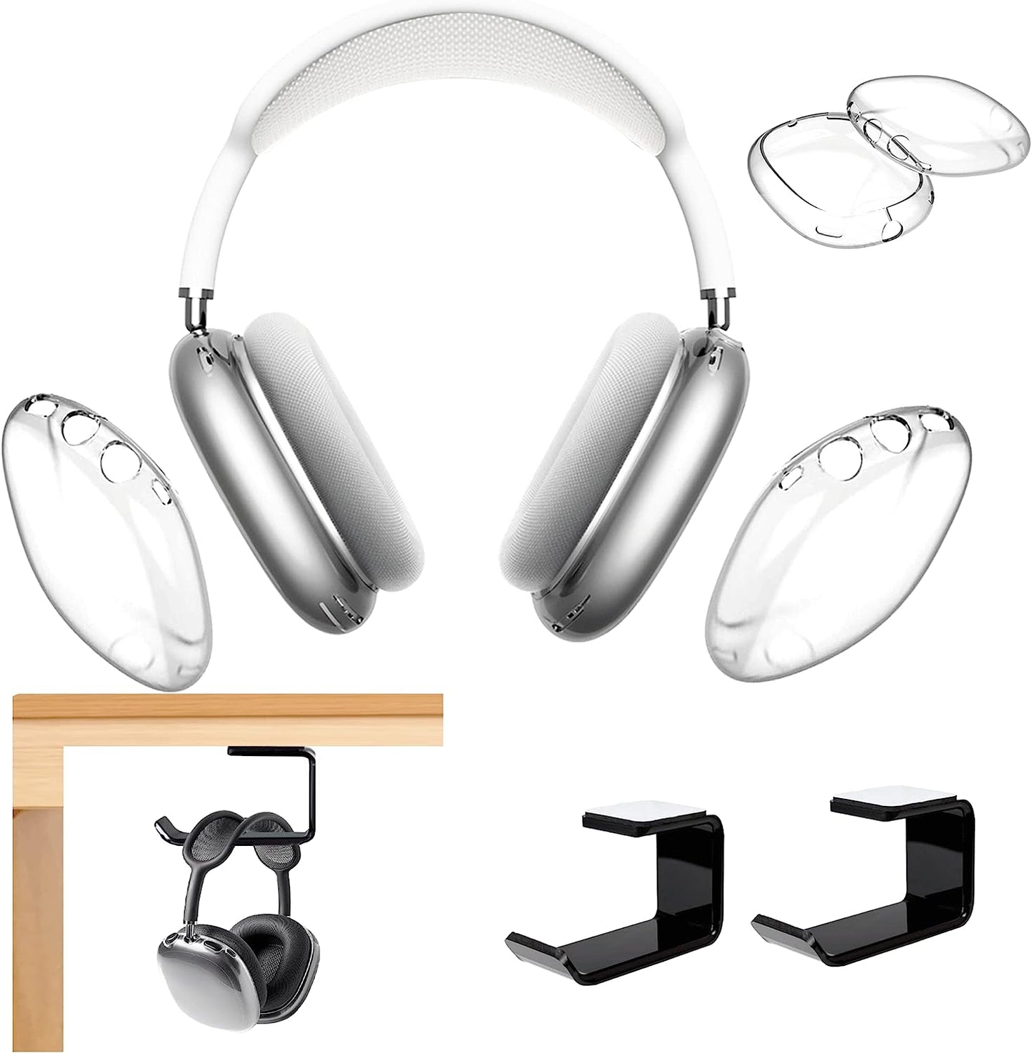 ULITIQ Compatible with Airpods Max Case Cover with Holder under Desk, Soft Case Transparent. Ultra Headphone Protective Cover for Air Pod Max Accessories, Clear (2 Cases+2 Holder)  ULITIQ   