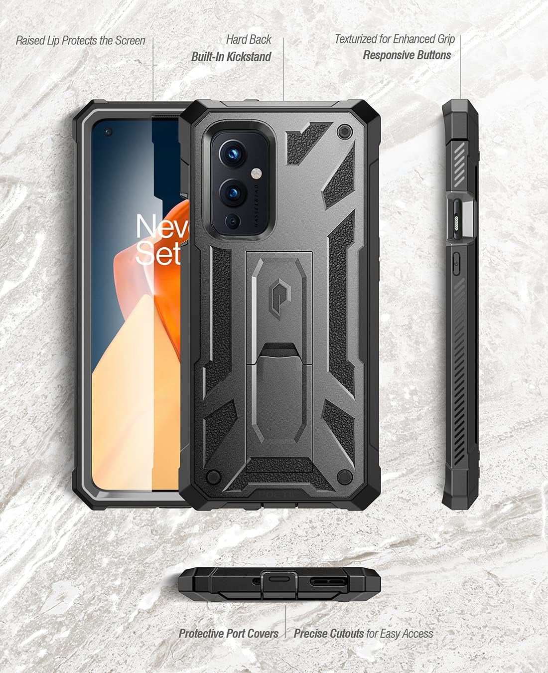 Poetic Spartan Series Designed for Oneplus 9 5G Case, Full-Body Rugged Shockproof Protective Cover with [Premium Leather Texture], Kickstand and Built-In Screen Protector, Metallic Gun Metal  Poetic   