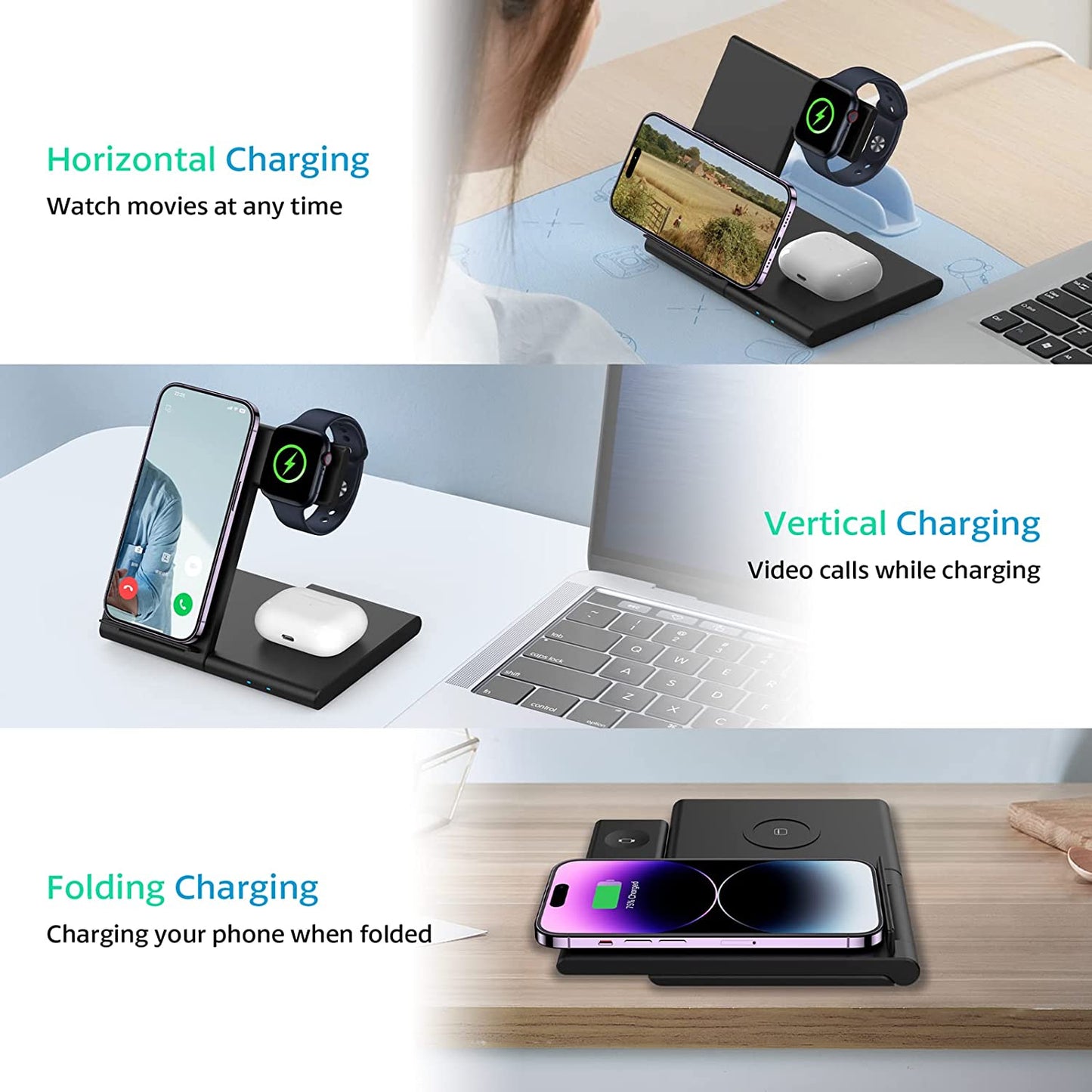 Wireless Charging Station WATOE 3 in 1 Fast Wireless Charger Stand Foldable for Iphone 14/13/12/11 (Pro, Pro Max)/Xs/Xr/X/8 (Plus), Apple Watch Series 8/7/6/SE/5/4/3/2 & Airpods 3/2/Pro with Adapter  Bormmie   