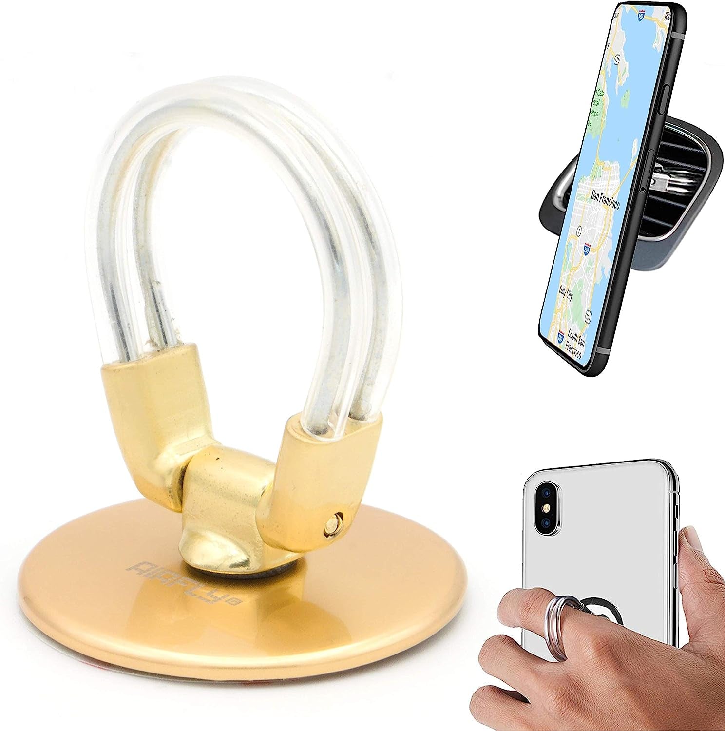 Airfly Phone Finger Ring Holder, 4 in 1, Universal Metal Phone Ring, Table Stand Kickstand, Car Vent Mount, Finger Grip Compatible All Smartphones, Black  AirFly SF Gold Matte  