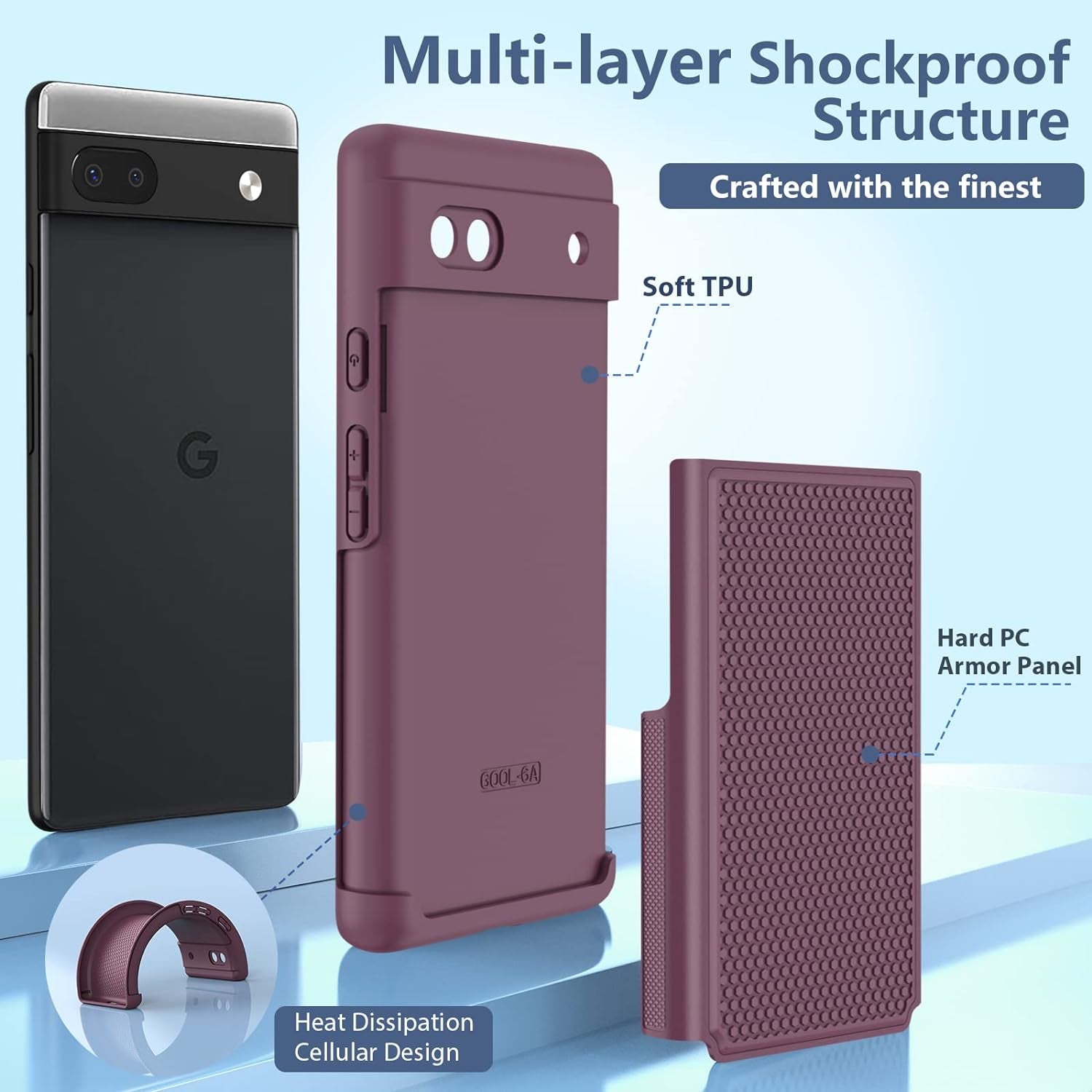 JXVM for Google Pixel 6A Phone Case: Dual Layer Protective Heavy Duty Cell Phone Cover Shockproof Rugged with Non Slip Textured Back | Military Drop Protection Bumper Tough - 6.1Inch (Burgundy Purple)  JXVM   