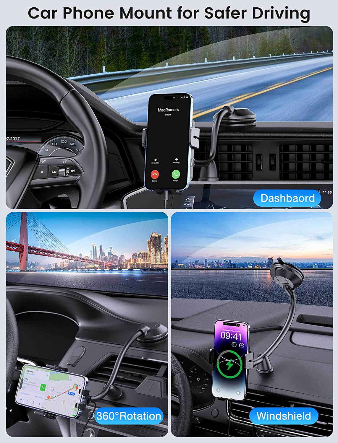 Wireless Car Charger, MOKPR 15W Fast Charging Car Mount Auto-Clamping Car Charger, Dashboard Windshield Phone Holder Compatible with Iphone 14/13/13 Pro/12 Pro/12/11/X/8, Samsung S23/S22/S10/S9/S8  MOKPR   