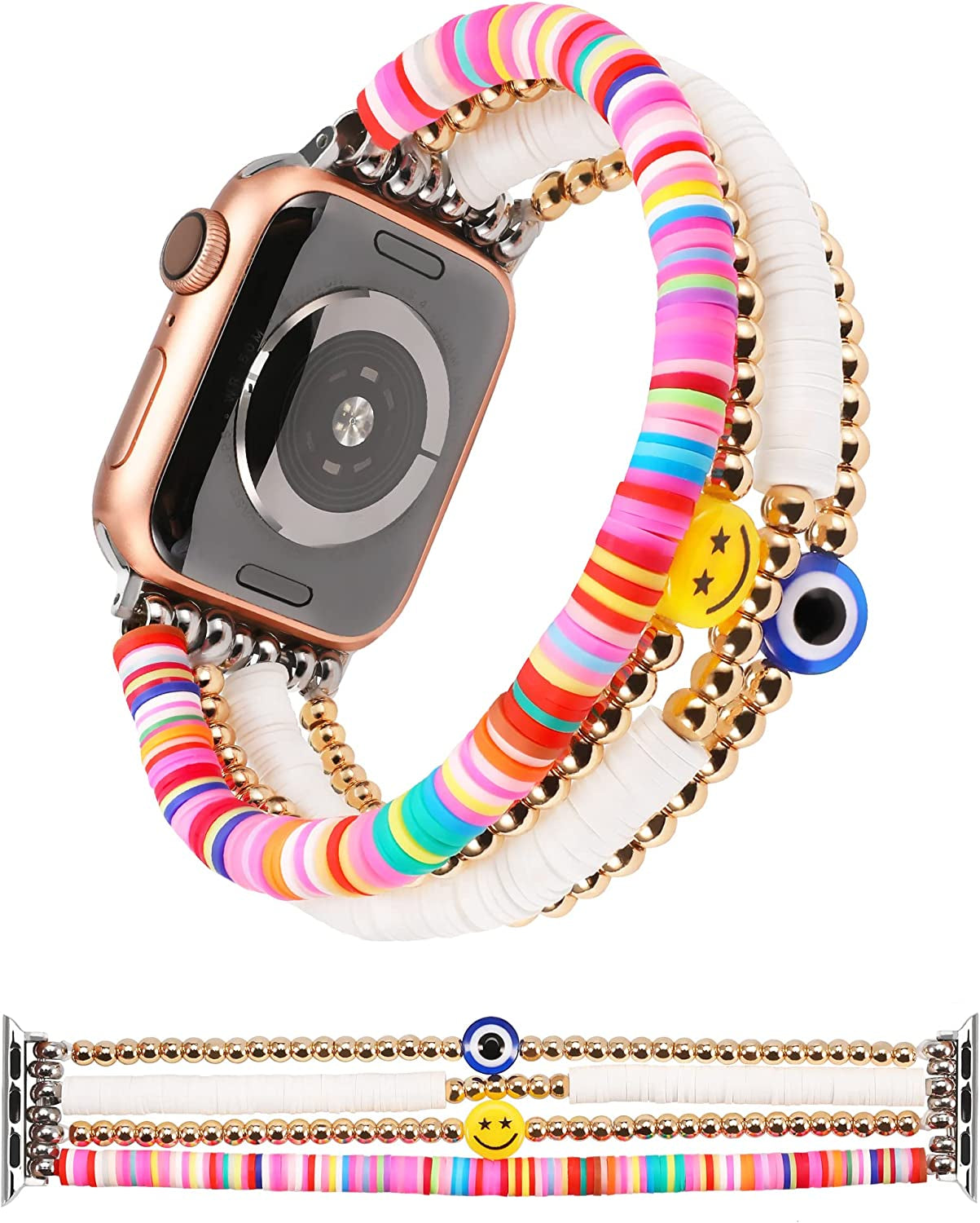 TOYOUTHS Heishi Beads Bracelet Compatible with Apple Watch Band Cute Stretch Girl Women Summer Beach Surfer Stackable Clay Preppy Jewelry Band for Iwatch 42/44/45Mm Series SE 7 6 5 4 3 2 1  TOYOUTHS MultiColor 41/40/38mm S (5.7" - 6.1" Wrist) 