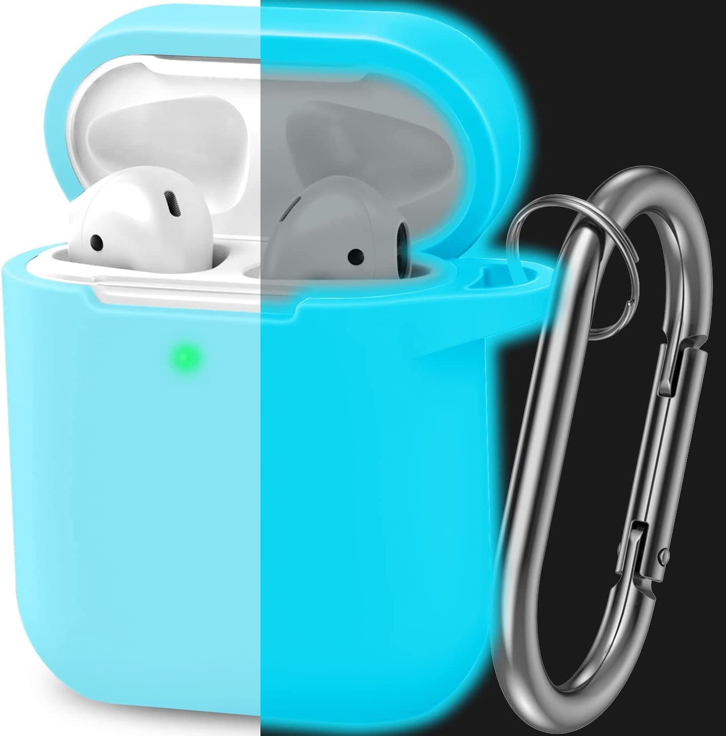 ATUAT Airpods Case Cover, Full Protective Silicone Skin Dust-Proof Designed for Apple Airpods 1St 2Nd Generation with Keychain, Front LED Visible, Midnight Blue  ATUAT C-Fluorescent Blue  