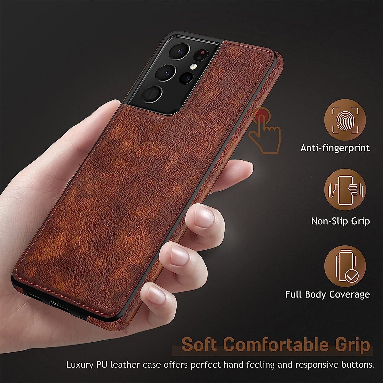 LOHASIC for Galaxy S21 Ultra Case, Premium Leather Luxury Business PU Non-Slip Grip Shockproof Bumper Full Body Protective Cover Phone Cases for Samsung Galaxy S21 Ultra 5G 6.8 Inch - Brown  LOHASIC   