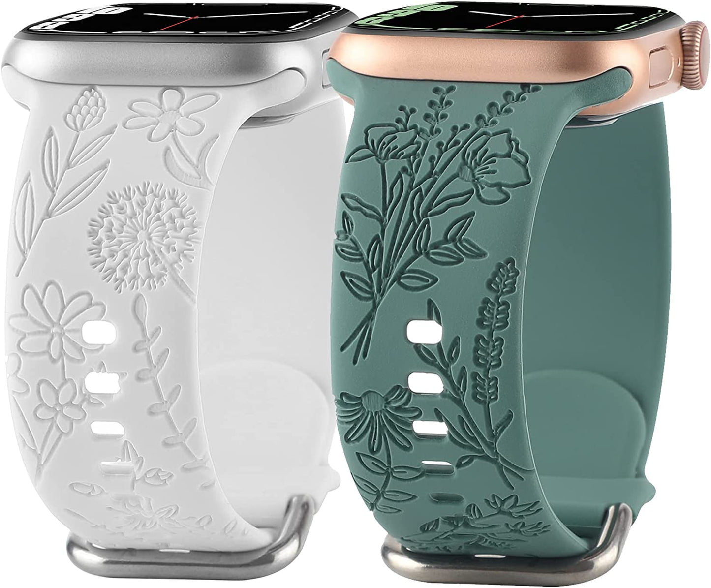 Flower Engraved Silicone Band Compatible with Apple Watch Bands 38Mm 40Mm 41Mm, Cute Women Wildflowers Floral Design Soft Sport Strap Replacement Wristbands for Iwatch Series 8 7/SE/6/5/4/3/2/1  FERJITGR White Green 38/40/41mm 