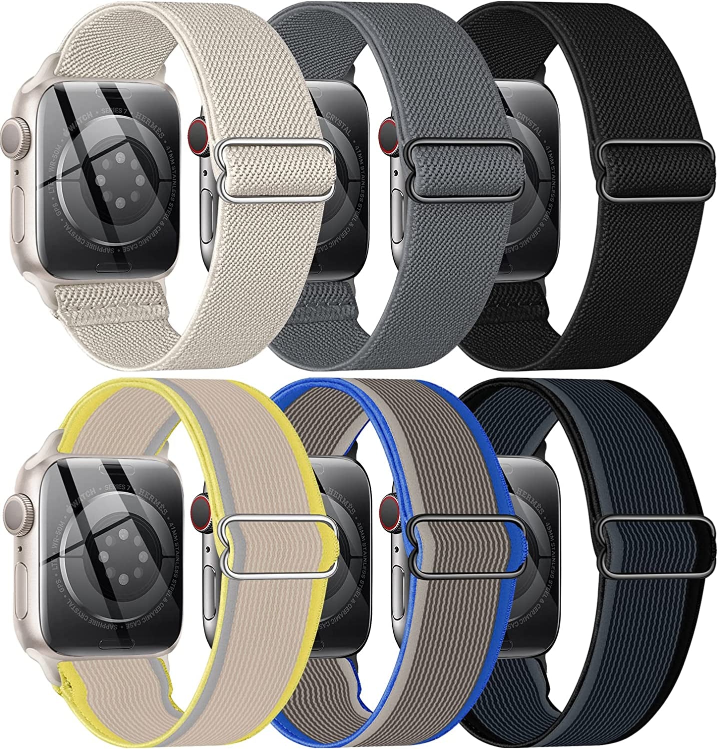 BELONGME 6 Packs Stretchy Nylon Solo Loop for Apple Watch Band Series Ultra SE 8 7 6 5 4 3 2 1 40Mm 38Mm 44Mm 42Mm 45Mm 41Mm 49Mm, Women and Men Sport Apple Watch Bands Replacement for Iwatch Bands  BELONGME Black Gray/Blue Gray/Yellow Beige/Black/Grey/Starlight 45mm/44mm/42mm/49mm 