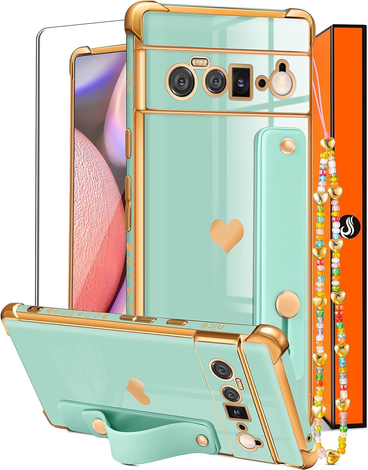 Likiyami (3In1 for Google Pixel 6 Pro Case 5G Heart for Women Girls Girly Cute Luxury Pretty with Stand Phone Cases Black and Gold Love Hearts Aesthetic Cover+Screen+Chain for Google Pixel 6 Pro 6.7"  Likiyami Only For Google Pixel 6 Pro 5G-Mint Green  