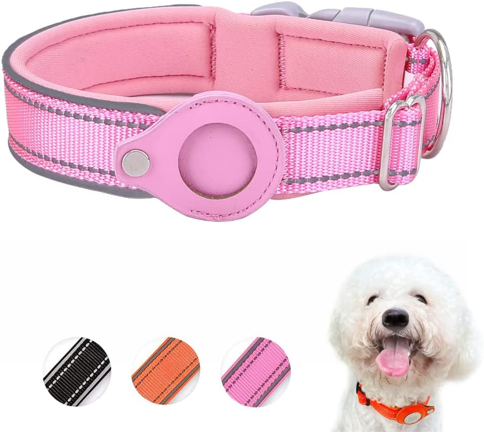 Dog Tracking Collar for Apple Airtag- Reflective Pet Collar with Airtag Holder Case, Adjustable, Durable, Stylish, Padded, Heavy-Duty Dog Collars L, Black  ELLOY Pink L 