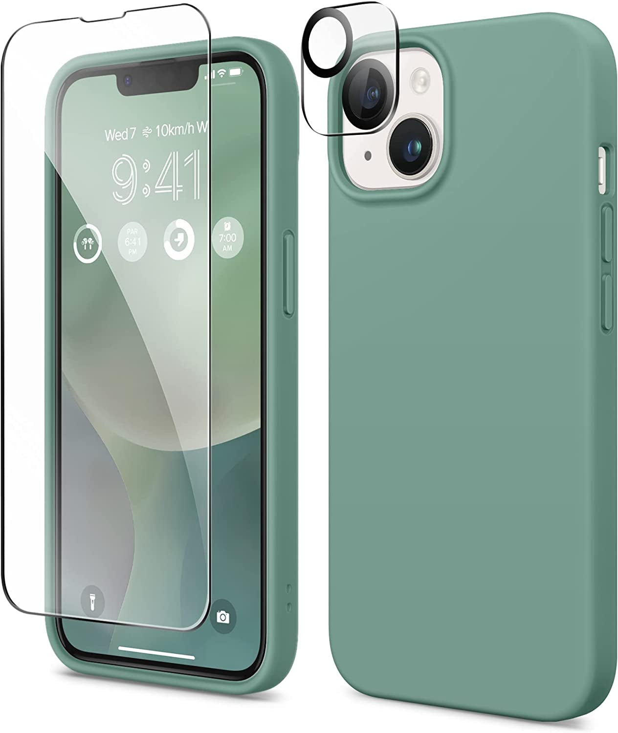 GONEZ for Iphone 14 Case Silicone, with Screen Protector + Camera Lens Protector, [Soft Anti-Scratch Microfiber Lining], Slim Liquid Silicone Shockproof Protective Phone Cover 6.1 Inch, Stone  GONEZ Midnight Green  