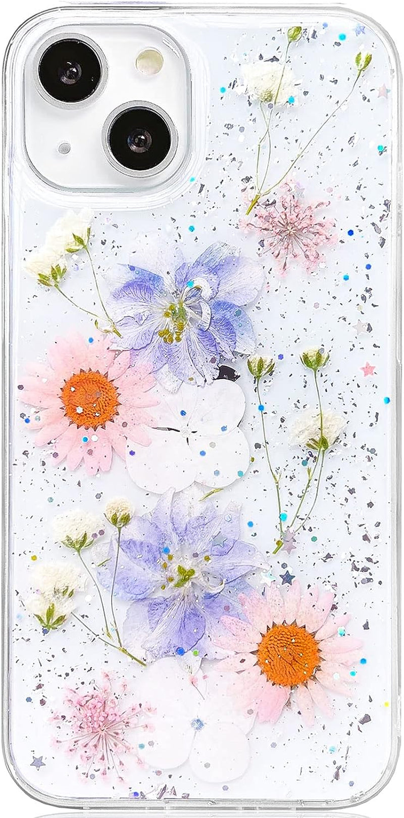 Abbery Designed for Iphone 13 Pressed Flower Case, Cute Clear with Design Bling Glitter Sparkle Soft TPU Transparent Dried Real Flower Floral Aesthetic Case for Women Girls (3 Pink Flower)  Abbery Glitter Blue  