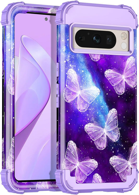 Rancase for Google Pixel 8 Pro Case,Three Layer Heavy Duty Shockproof Full Protection Hard Plastic Bumper+Soft Silicone Rubber Protective Girls Case for Google Pixel 8 Pro 6.7 Inch,Purple Butterfly  Rancase   