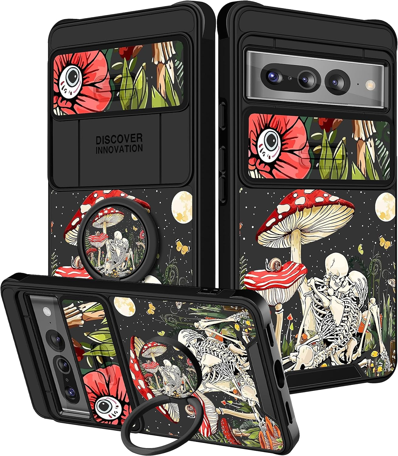 Funermei (2In1 for Google Pixel 7 Pro Case for Women Cute Butterfly Phone Cover Girls Teens Flower Pretty Aesthetic Green Design with Camera Cover and Ring Stand Funda for Google Pixel Pro 7 Case  Funermei 3-For Pixel 7 Pro-Mushroom Skull  
