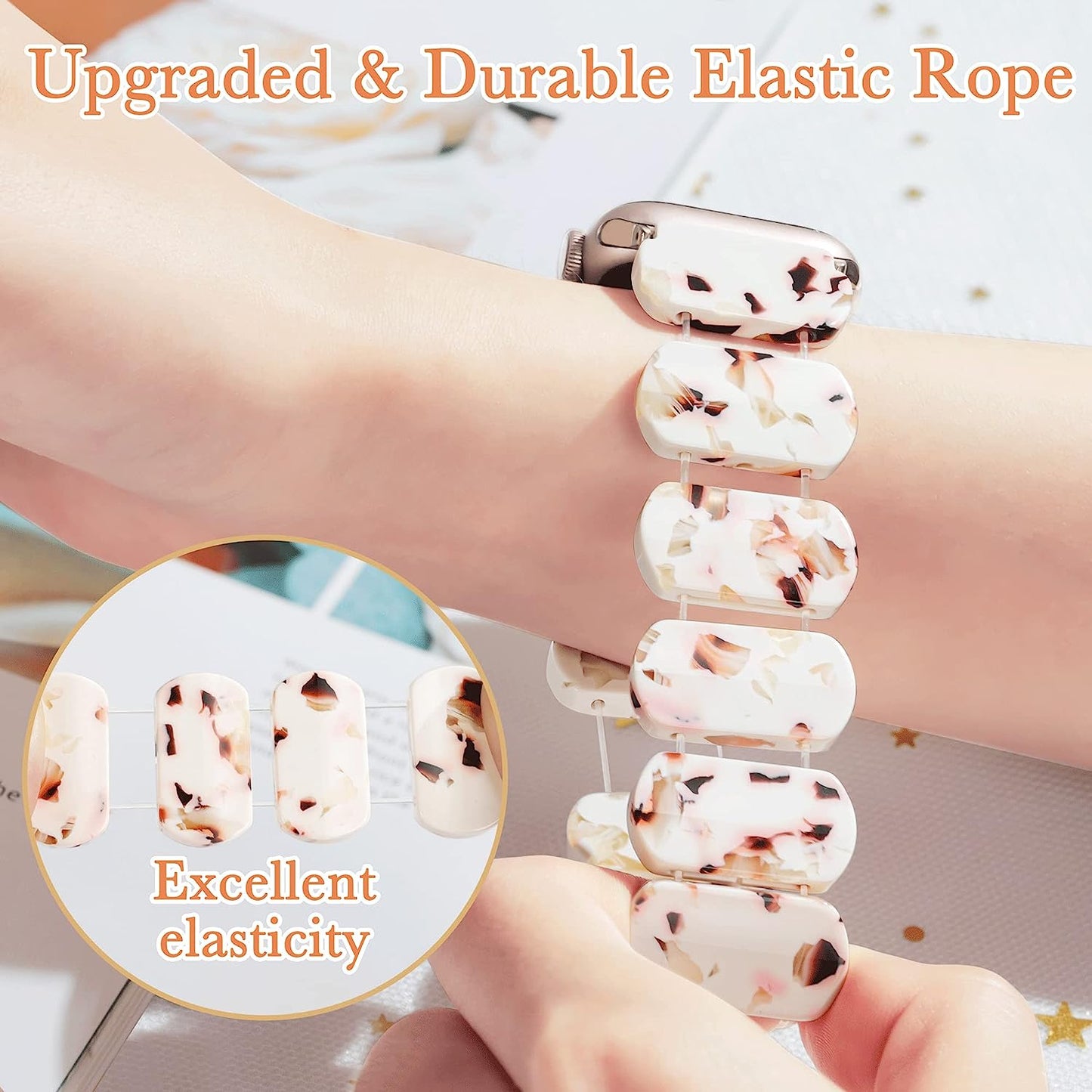 Resin Stretchy Apple Watch Band Compatible With【Series 8 7 Starlight】Apple Watch 49Mm 45Mm 44Mm 42Mm for Women Girl, Lightweight Fashion Cute Bracelet for Iwatch Series 8/7/6/5/4/3/2/1/Se-Nougat White  BuPa   