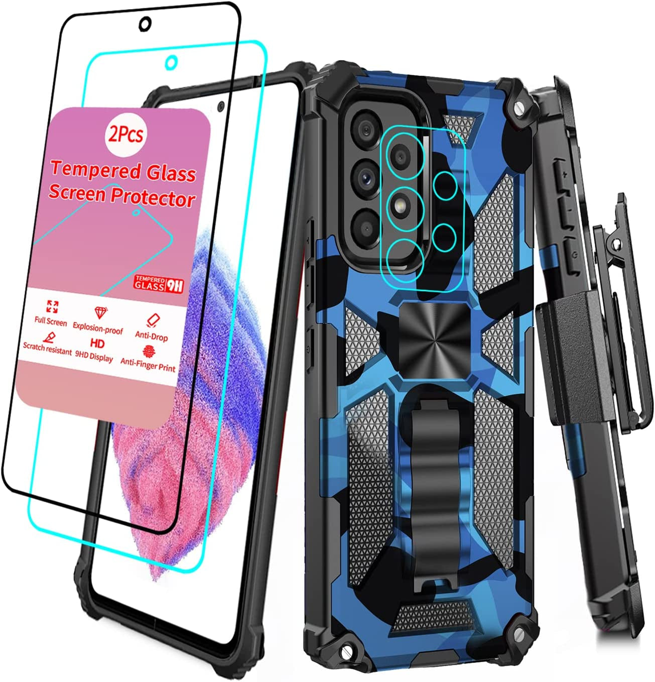 Case for Samsung Galaxy A53 Case with Screen Protector Samsung Galaxy A53 Case with Clip Galaxy A53 Case with Kickstand Military Grade Heavy Duty Camo Case for Samsung Galaxy A53 Men Women (Blue)  huiyi   