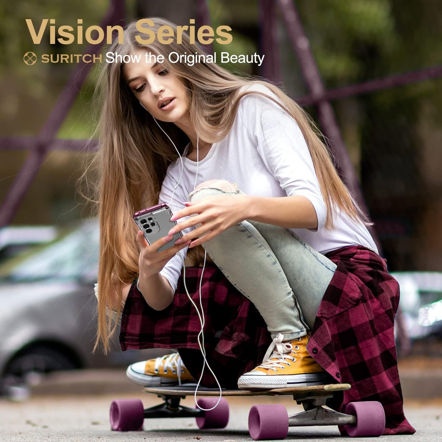 SURITCH for Samsung Galaxy S21 Ultra Clear Case 6.8" (Only), [Built-In Screen Protector] Full Body Protective Hard Shell+Soft TPU Phone Case for Samsung S21 Ultra -(Dark Magenta Edge)  SURITCH   