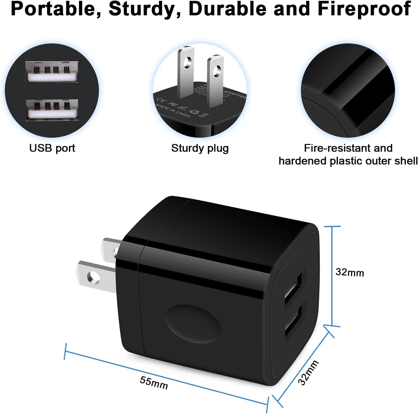 Black USB Wall Adapter, Charging Block, 3Pack Dual Port 2.1A Fast Wall Charger Brick Base Cube USB Plug Outlet Phone Charger Box Compatible Iphone 14 13 12 11 XS Max XR X 8 7 6 6S, Ipad, Samsung, LG  Shenzhen Putuo Technology Co.,Ltd   