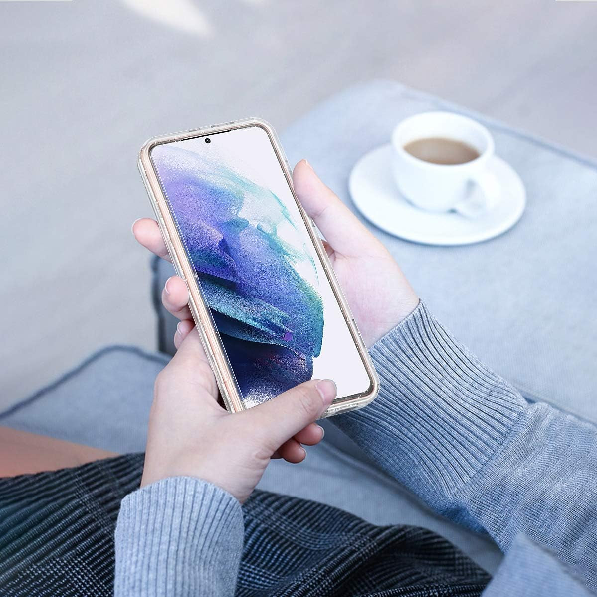 Lamcase for Galaxy S21 5G Case, Crystal Clear Glitter Sparkly Bling Heavy Duty Shockproof Hybrid Three Layer Protective Cover Case for Samsung Galaxy S21 5G 6.2 Inch (2021), Clear/Silver Glitter  Lamcase   