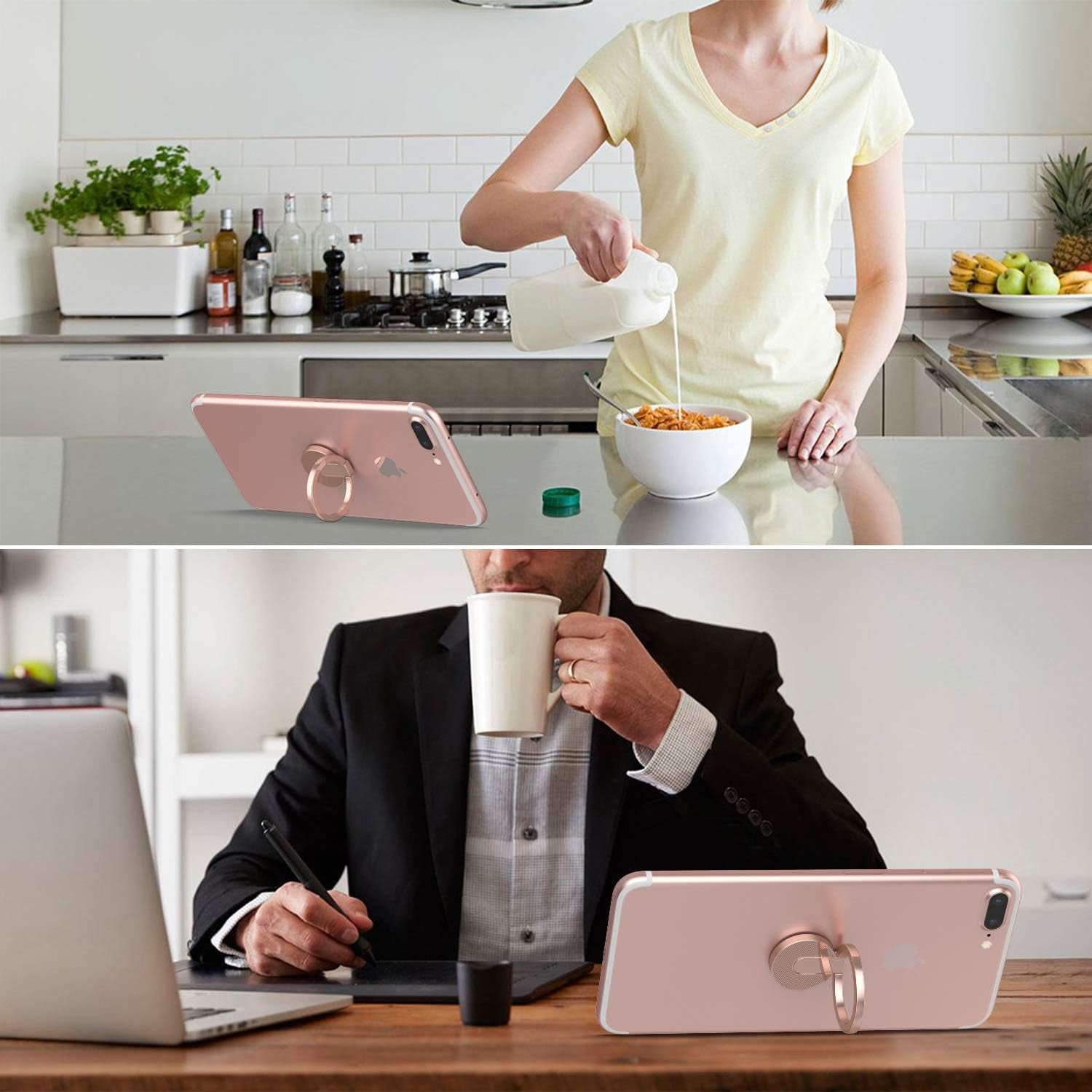 ICHECKEY Cell Phone Ring Holder Stand, 2 Pack 360° Rotation Universal Finger Ring Kickstand with Metal Phone Ring Grip for Magnetic Car Mount Compatible with All Smartphone, Ipad, Tablet, Rose Gold  ICHECKEY   