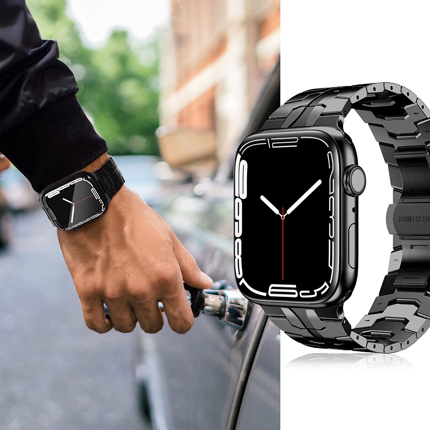 CHANCHY Stainless Steel Band for Apple Watch Ultra Band 49Mm 45Mm 44Mm 42Mm 38Mm 40Mm 41Mm, Metal Strap with Folding Clasp for Apple Watch Series 8 7 6 5 4 3 2 1 SE Men (Black, 49Mm 45Mm 44Mm 42Mm)  CHANCHY   
