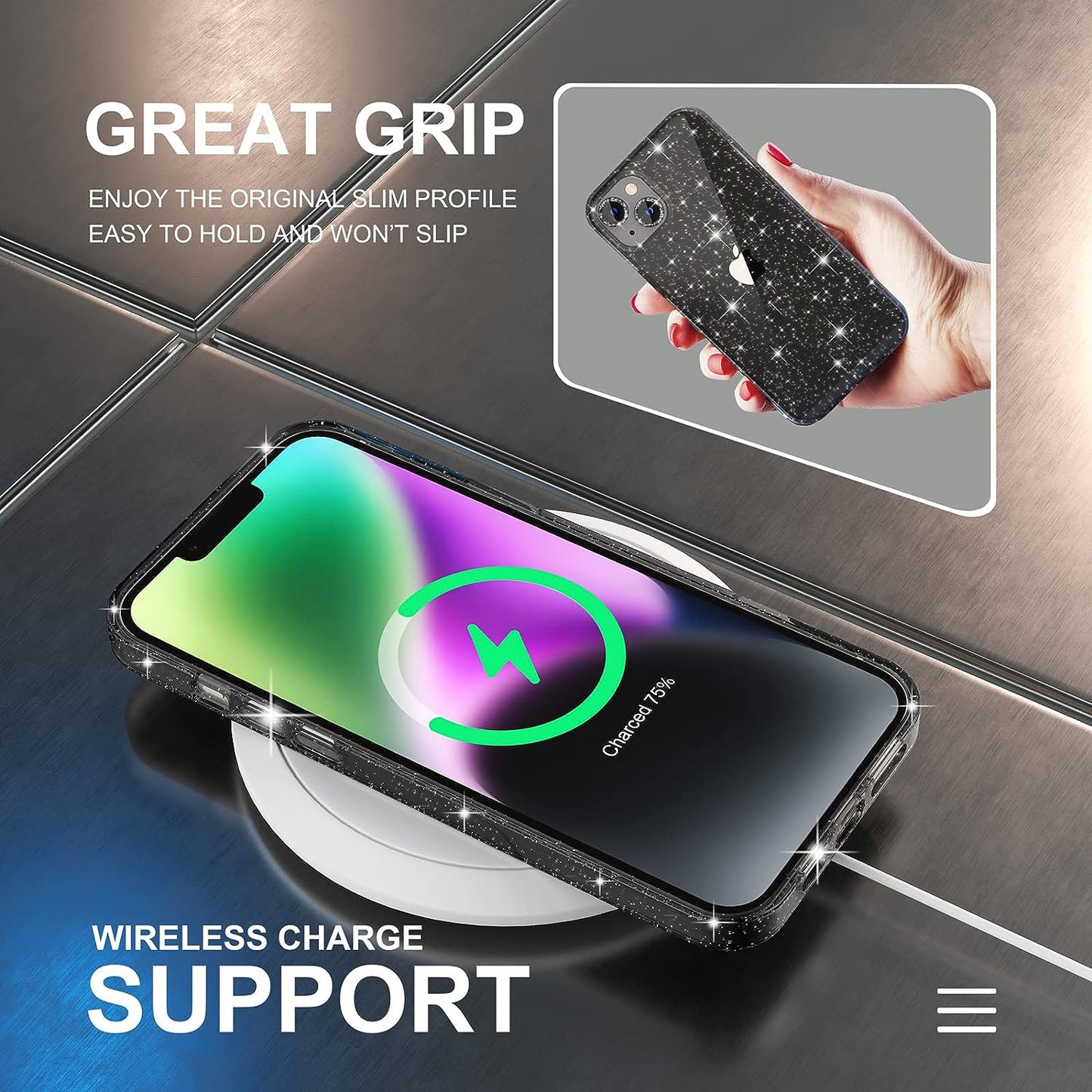 Choiche Compatible for Iphone 14 plus Case Cute, Women Clear Glitter Bling Sparkly Case, [2 X Diamond Camera Lens Protectors] [2 X Tempered Glass Screen Protectors] 6.7-Inch (Glitter Black)  Choiche   