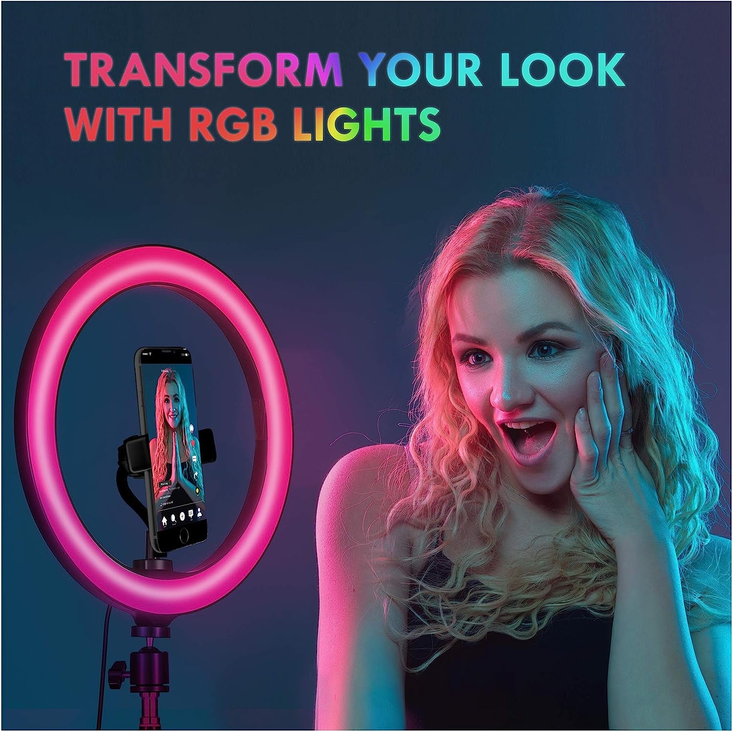 Aduro U-Stream Selfie RGB Ring Light with Tripod Stand and Remote Control, Dimmable 10" LED Ring Light with Stand and Phone Holder for Photography Makeup Vlogging Live Streaming  Aduro   