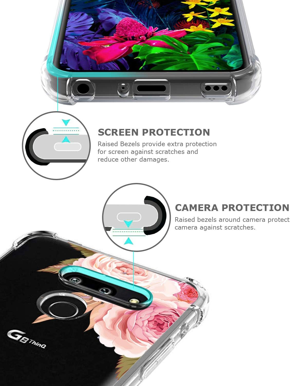 GREATRULY Floral Clear Pretty Phone Case for LG G8 Thinq (2019 Release) for Women Girls,Flower Design Transparent Slim Soft Drop Proof TPU Bumper Cushion Silicone Cover Shell,Fl-K  GREATRULY   