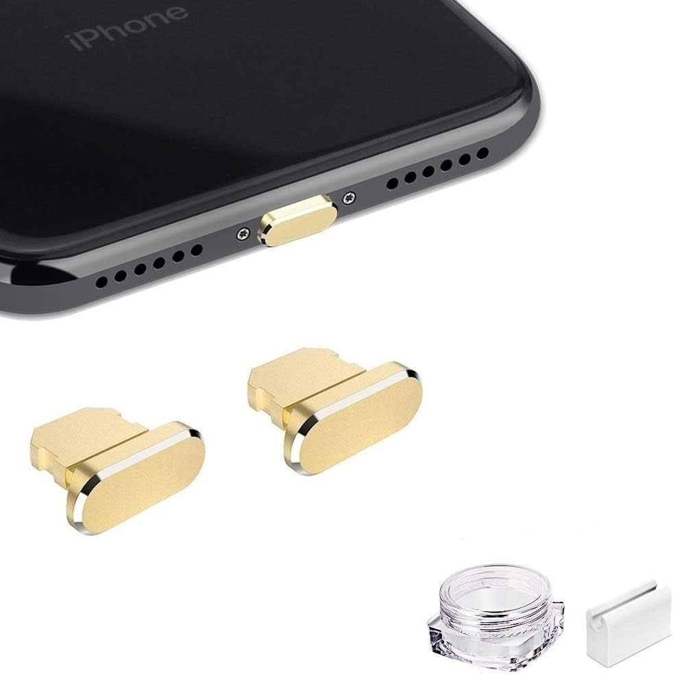 VIWIEU Metal anti Dust Plug Compatible with Iphone 14 13 12 11 X XS XR 8 7 SE Mini plus Pro Max Ipad Airpods, 2 Pack Lightning Charging Port Cover Protectors with Plug Holder and Storage Box (Black)  VIWIEU 05 Gold 2 PCS 
