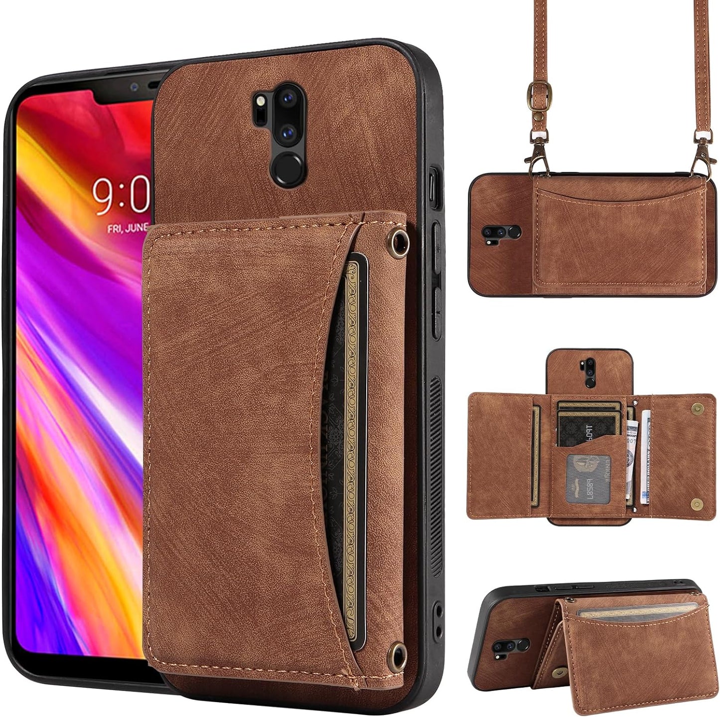 Phone Case for LG G7 Thinq Wallet Cover with Crossbody Shoulder Strap and Leather Credit Card Holder Pocket Slim Stand LGG7 One G 7 plus LG7 Fit Lg7Thinq 7G Thin Q G7+ G7Thinq Lgg7Thinq Girls Red  Dswteny Brown  