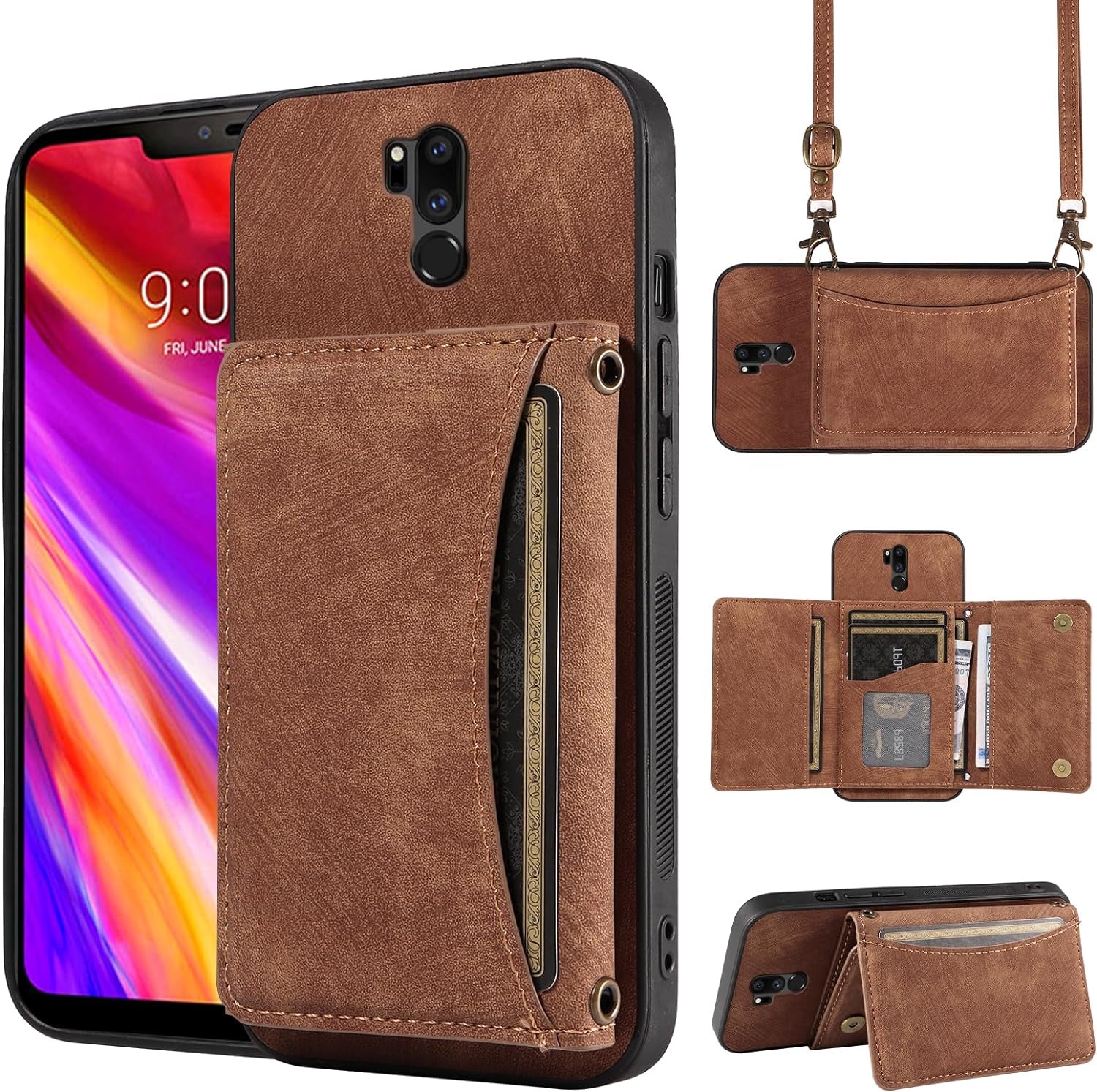 Phone Case for LG G7 Thinq Wallet Cover with Crossbody Shoulder Strap and Leather Credit Card Holder Pocket Slim Stand LGG7 One G 7 plus LG7 Fit Lg7Thinq 7G Thin Q G7+ G7Thinq Lgg7Thinq Girls Red  Dswteny Brown  