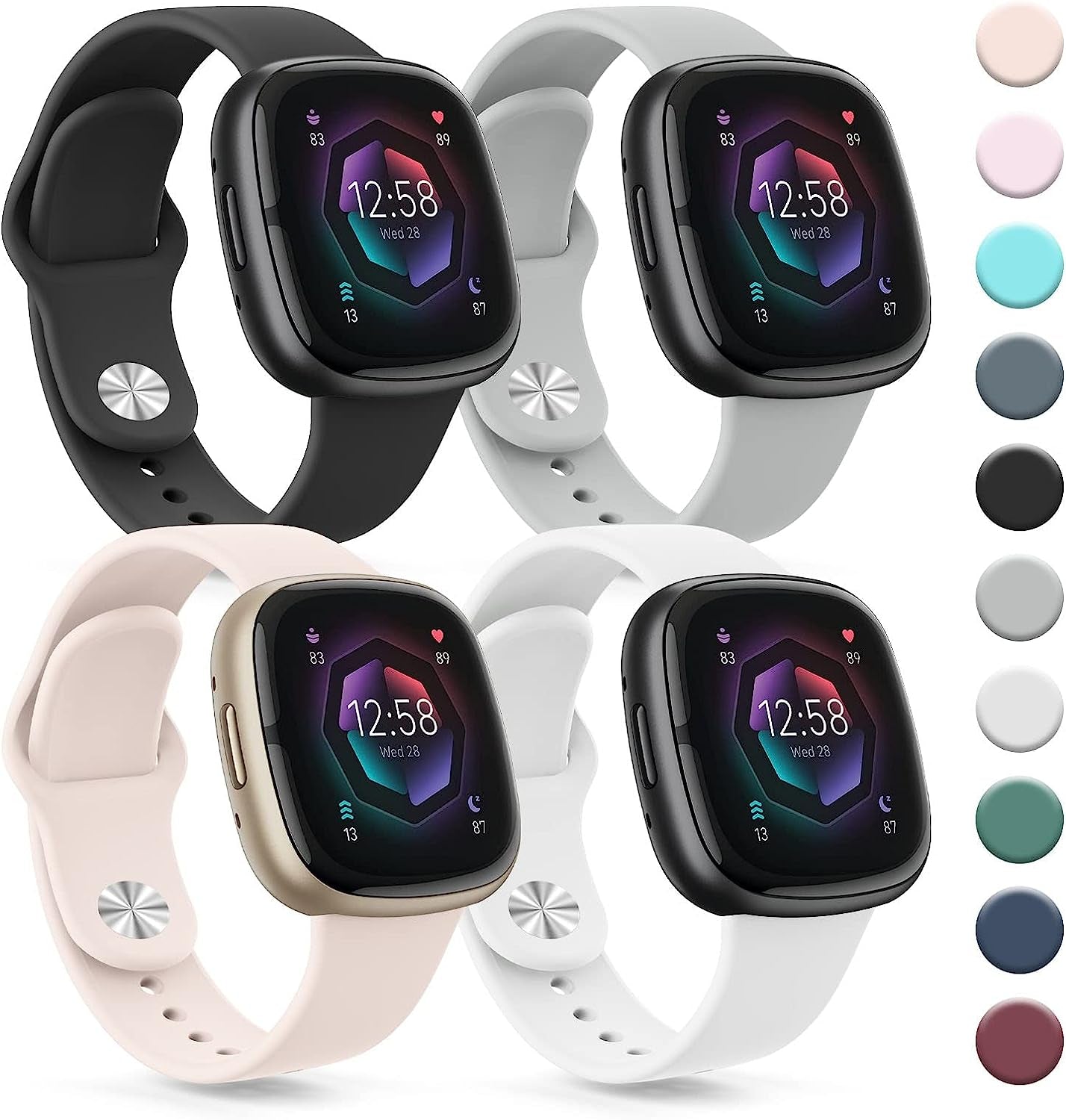 4 PACK Silicone Bands Compatible with Fitbit Versa 4 / Versa 3 Bands/Fitbit Sense 2 / Sense Bands Women Men, Soft Replacement Straps for Fitbit Versa 4 / Versa 3 / Sense 2 / Sense Smart Watch  AK Black/Pink Sand/Gray/White  