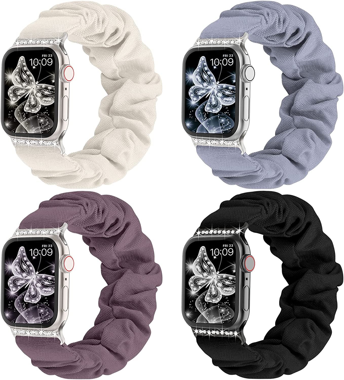 Recoppa Compatible for Apple Watch Band Scrunchie 38Mm 40Mm 41Mm 42Mm 44Mm 45Mm Cute Printed Elastic Solo Loop Bands Women Bracelet Strap for Iwatch Series 8 7 6 5 4 3 2 1 SE, 4 Packs  Recoppa Diamond Black/Starlight/Smoke Violet/Blue Gray 42mm/44mm/45mm-Small 