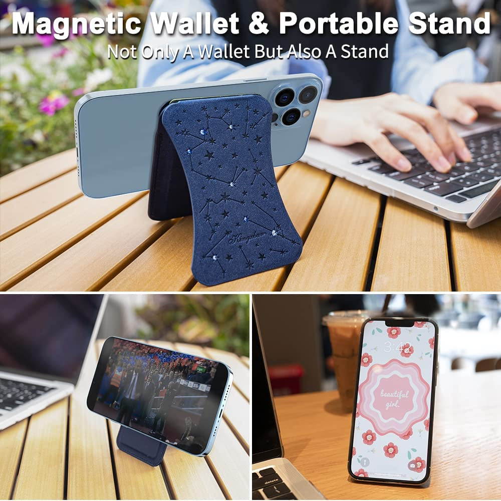 Magnetic Wallet Stand Card Holder Compatible with Magsafe for Iphone 11 12 13 14 Promax, Samsung Galaxy S22 23 Ultra, with Extra 2 Megnet Rings, Blue  KINGXBAR   