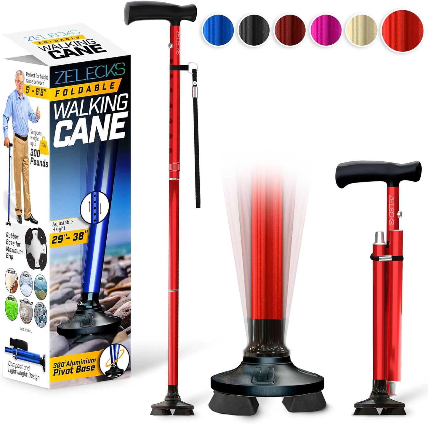 ZELECKS Walking Cane for Women & Men - Self Standing Adjustable Folding Cane with T Handle and 360 Pivot Base - Lightweight Foldable Walking Stick for Seniors - Collapsible Cane for Walking  ZELECKS Red  