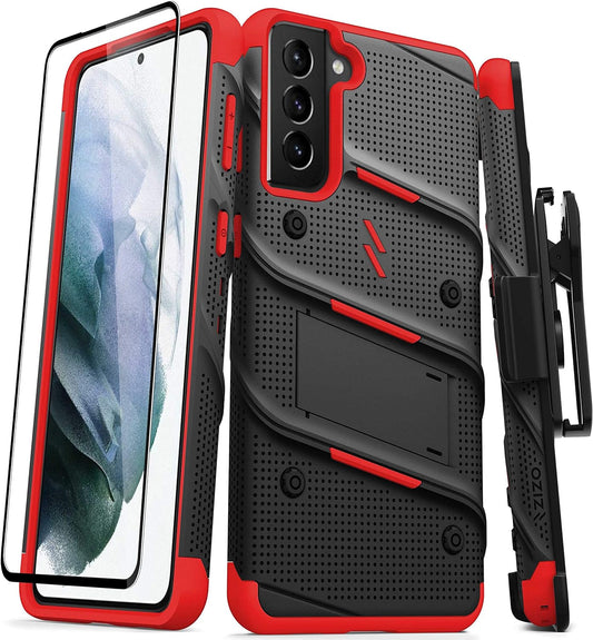 ZIZO Bolt Series for Galaxy S21 plus Case with Screen Protector Kickstand Holster Lanyard - Black & Red  Zizo   