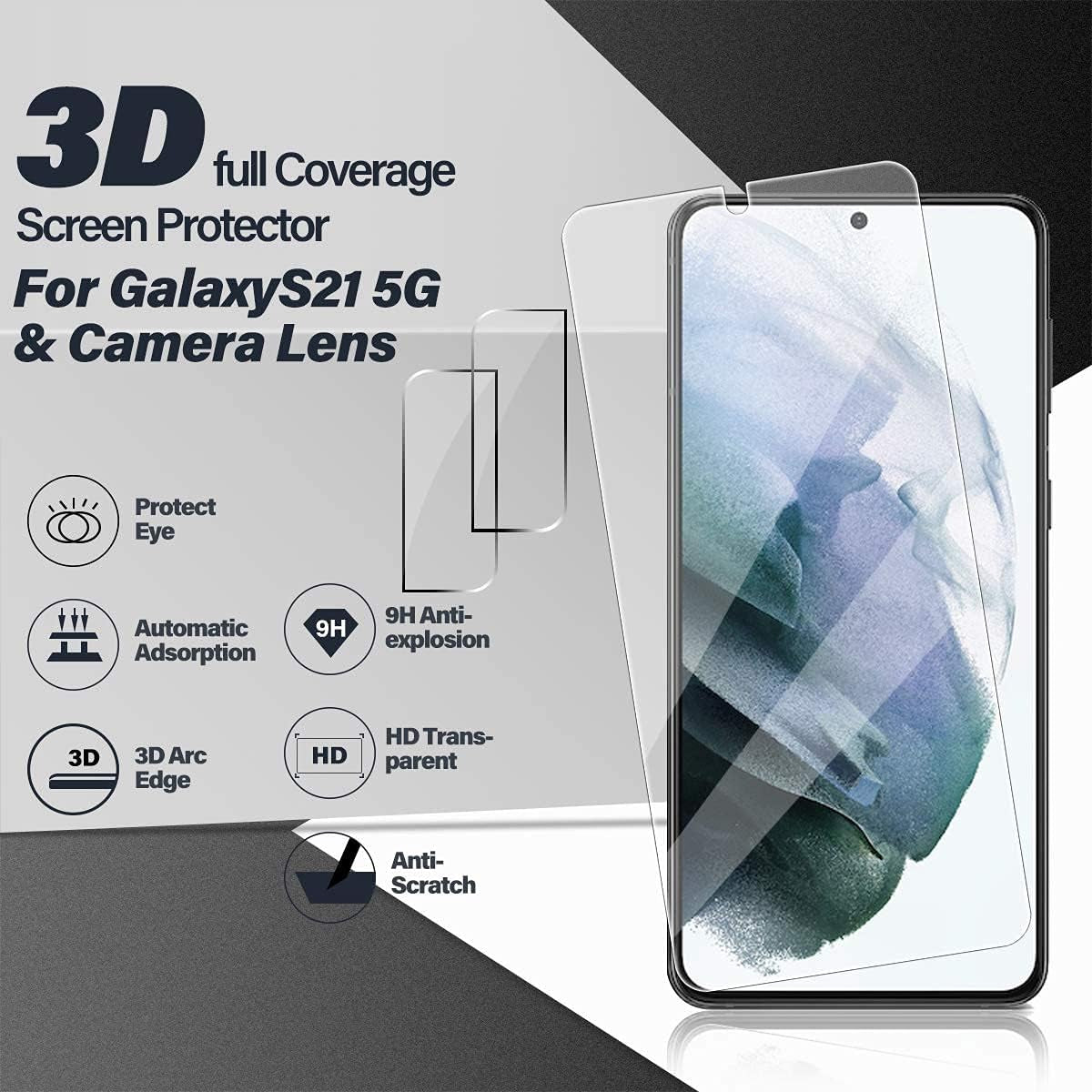 Galaxy S21 Tempered Glass Screen Protector + Camera Lens Protector [ 2 + 2 Pack ][Case Friendly] [Anti-Scratch] [Ultrasonic Fingerprint Unlock] Clear HD Glass Protective Film for Samsung Galaxy S21  BIGFACE   