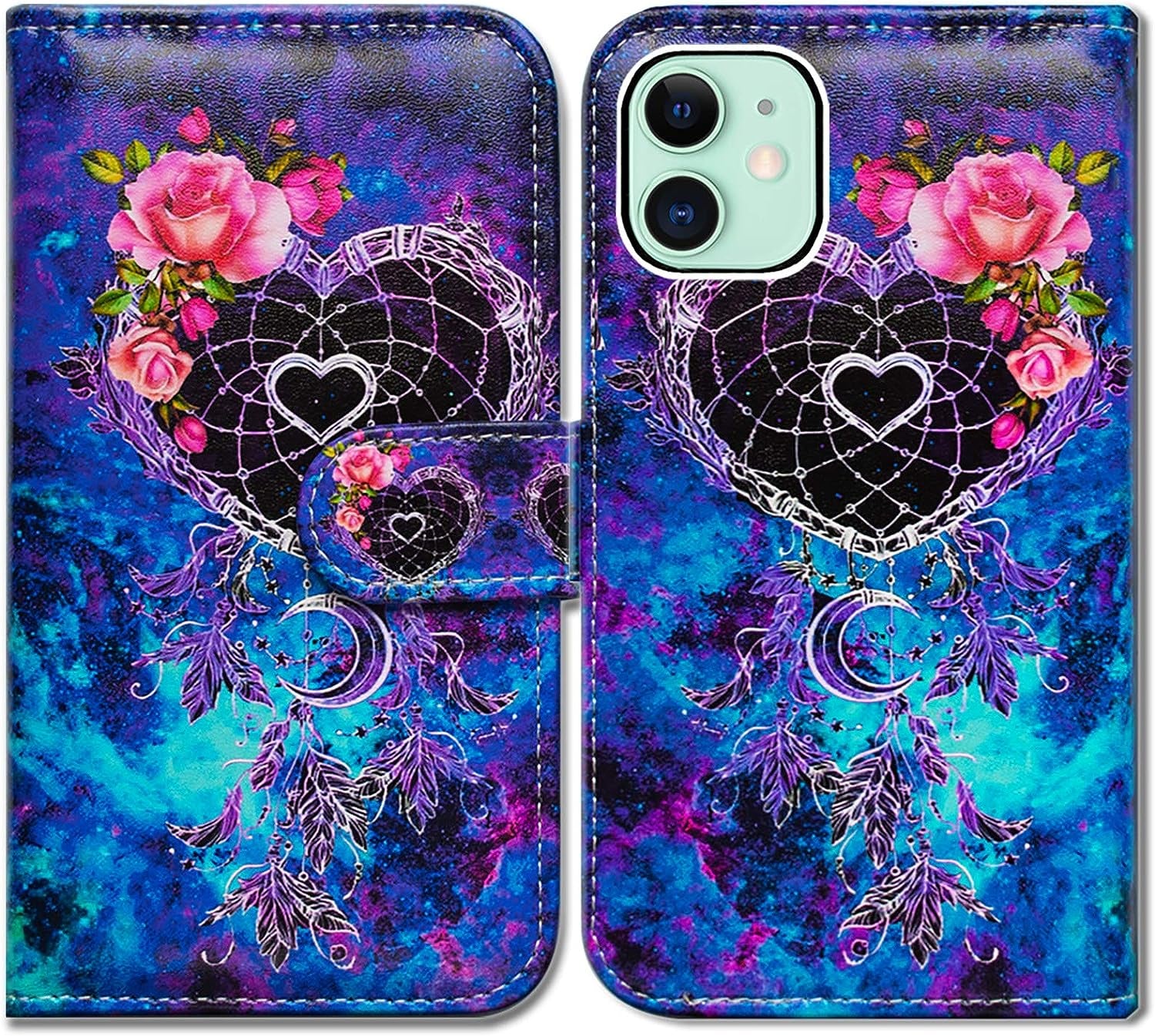 Bcov Iphone 13 Case,Blue Butterfly Flowers Rose Leather Flip Phone Case Wallet Cover with Card Slot Holder Kickstand for Iphone 13  Bcov Dream Catcher Flower Space  