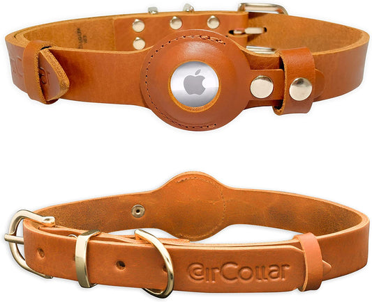 Aircollar Apple Airtag Natural Leather Pet Collar, Compatible with Apple Airtag 2021, Durable Leather (L: 0.9” Wide for 18.7” - 25.6” Neck, Honey Brown)  AirCollar   
