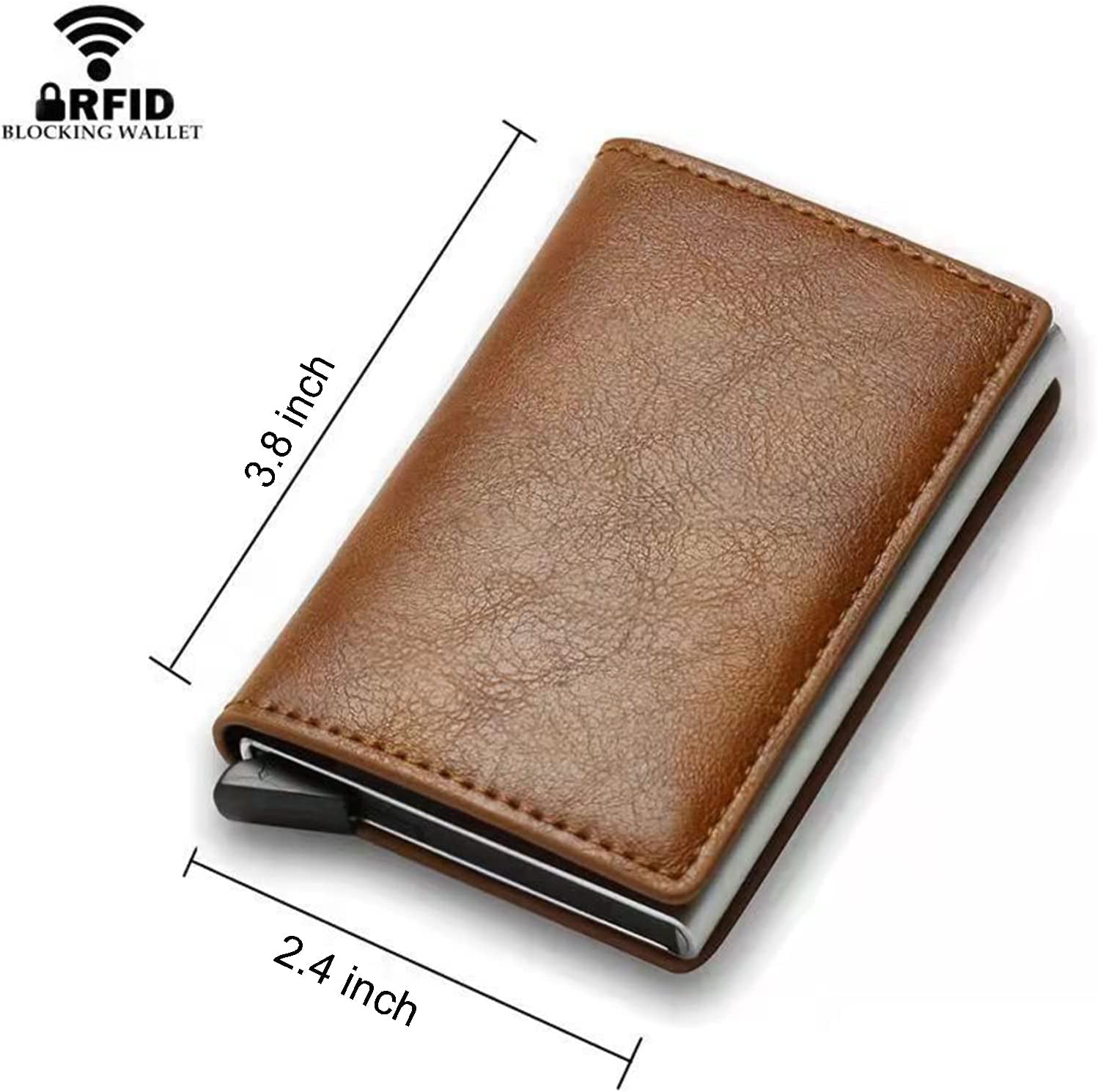 Wallet Case Card Holder with Airtag Slim Minimalist Leather Cash Credit Bifold RFID Blocking Men'S Gift Stealth ID Window Aluminum Metal Cards Pop-Up 8 Slots Wallets (Brown)  Creaweal   