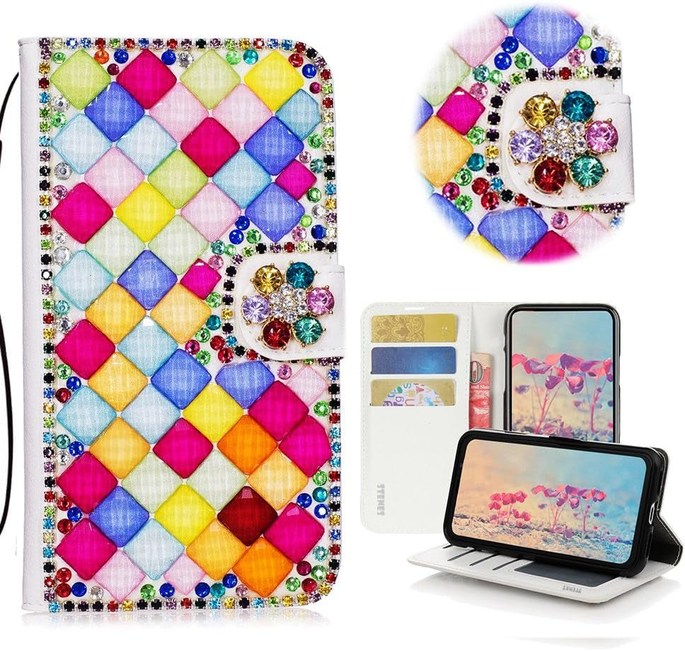 STENES LG G6 Case, LG G6 plus Case - STYLISH - 3D Handmade Bling Crystal Butterfly Rose Flowers Wallet Credit Card Slots Fold Stand Leather Cover Case for LG G6/LG G6 plus - Green  STENES Square Lattice Bowknot / Light Multicolor  