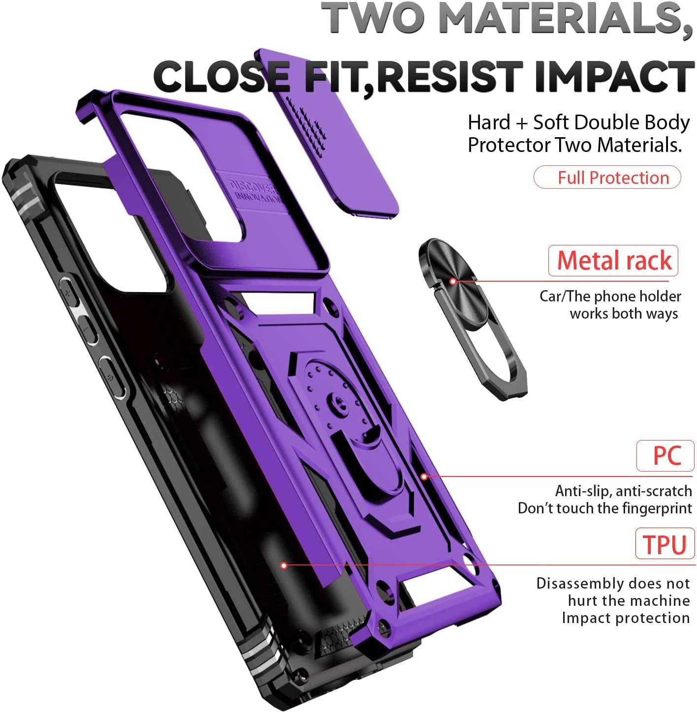 For Motorola Edge plus 2023 Case W/ Slide Camera Cover HD Screen Protector [Military Grade 16Ft. Drop Tested] Magnetic Ring Holder Kickstand Protective Phone Case for Motorola Edge+ plus 2023, Purple  PUSHIMEI Co., Ltd.   