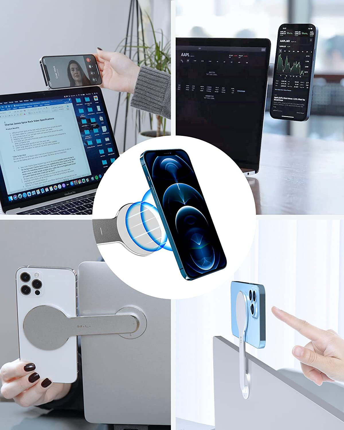 Mili Magnetic Laptop Phone Holder, Adjustable Monitor Side Mount Phone Holder, Screen Extension Bracket for Imac/Macbook, Compatible with Magsafe for Iphone 12/13/14 Max/Pro/Mini (Silver)  MiLi   