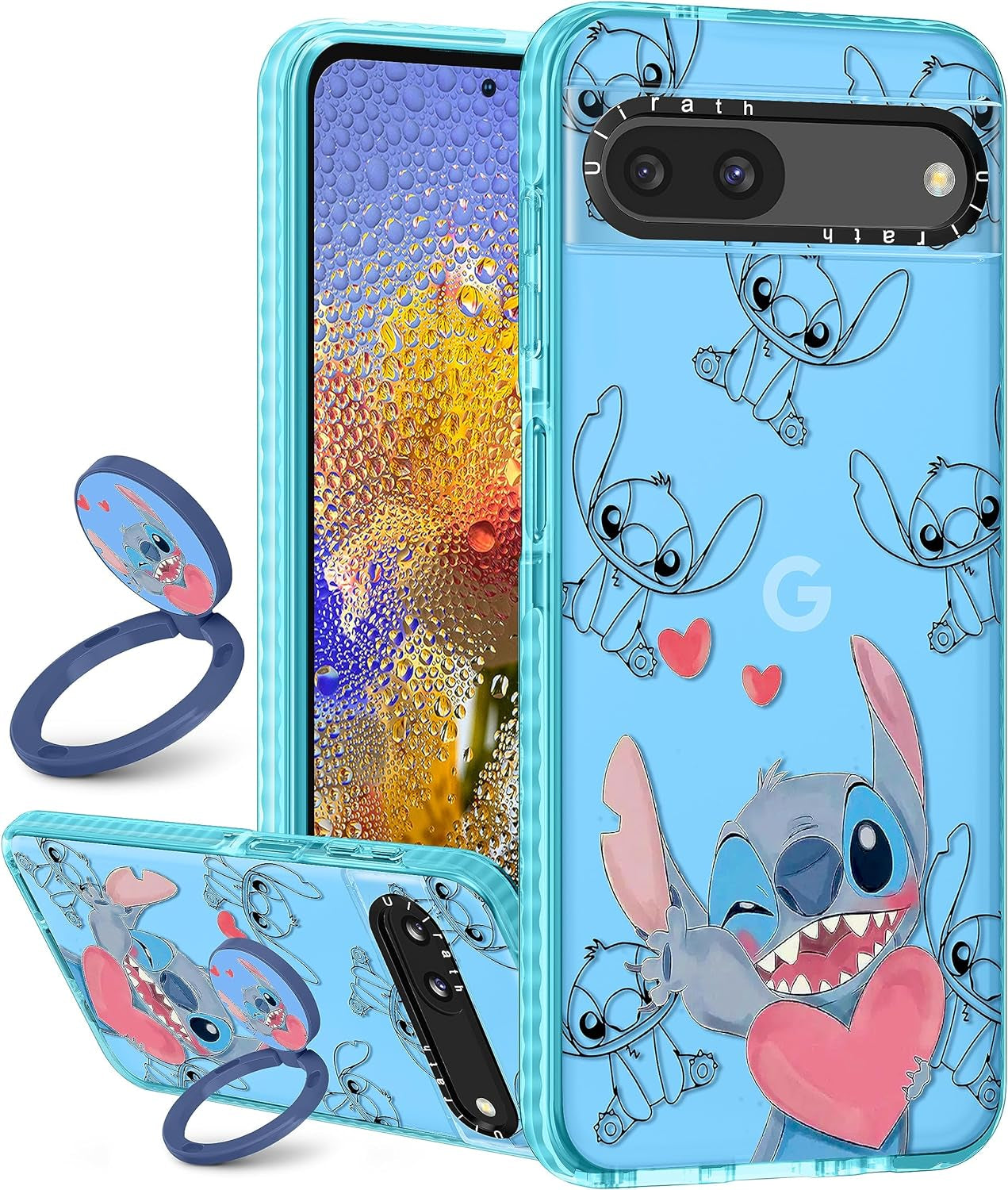 Ulirath (2In 1 for Pixel 6A Case Cute Cartoon Character Design for Girls Kids Boys Teens Women Girly Cover Kawaii Cool TPU Cases with Ring Holder for Google Pixel 6A 6.1",Blue Kiss  Ulirath White Heart Stih  