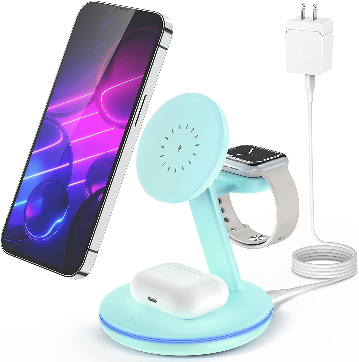Magnetic Wireless Charging Station for Apple Series, 3-In-1 Standard 15W Fast Mag-Safe Charger Stand with QC3.0 Adapter, for Iphone 14,13,12 Pro Max/Pro/Mini/Plus, Iwatch Ultra/8/7/6/5/4/3/2, Airpods…  Pilita DongGuanShi WeizhiChuang Technology Co, Ltd Blue  